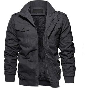 🆕Men's Gray  Winter Cargo Fleece Sherpa Lined Casual Windproof Bomber Jacket